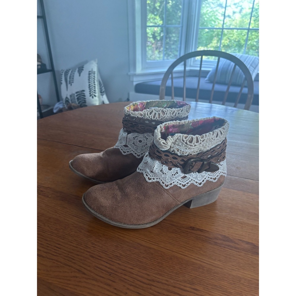 Tigerbear Republik Brown Lace Crochet Ankle Boots Boho Cottagecore Buckle 8.5